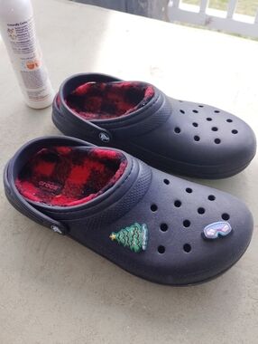 CROCS Black Clog with Red Plaid Fleece Lining and Holiday Charms